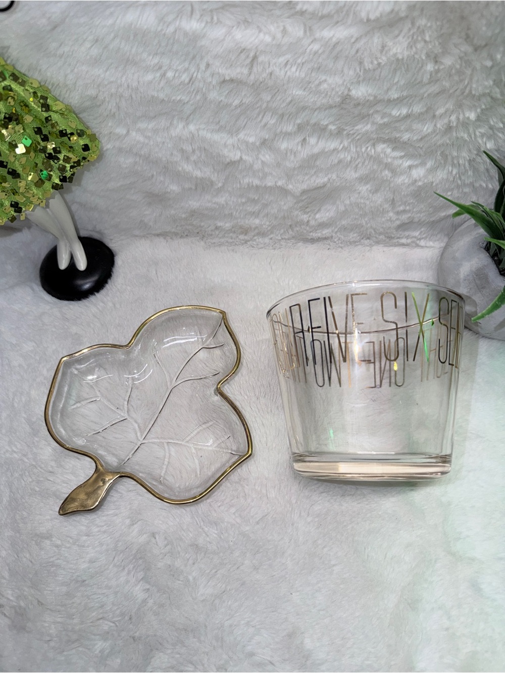 Gold Trim Glass Leaf Dish & Gold Lettered Glass Parfait or Ice Container 🧊 - Picture 4 of 4